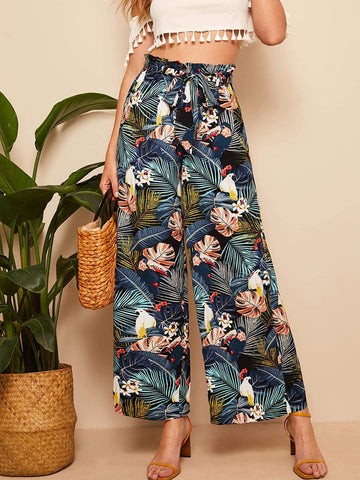 Belted Frilled Waist Tropical Print Palazzo Pants