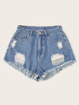 Ripped Detail Raw Hem Denim Shorts