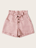 Button Front Belted Paperbag Shorts