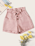 Button Front Belted Paperbag Shorts