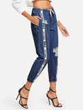 Contrast Tape Ripped Drawstring Jeans