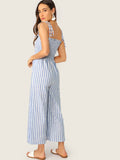 Two Tone Knot Shoulder Frill Smocked Striped Jumpsuit