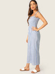 Two Tone Knot Shoulder Frill Smocked Striped Jumpsuit