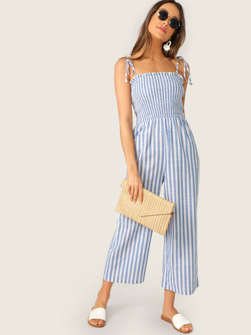 Two Tone Knot Shoulder Frill Smocked Striped Jumpsuit