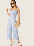 Two Tone Knot Shoulder Frill Smocked Striped Jumpsuit