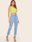 Ripped Detail Side Striped Tape Crop Jeans