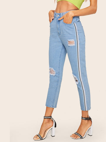 Ripped Detail Side Striped Tape Crop Jeans