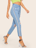 Ripped Detail Side Striped Tape Crop Jeans