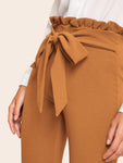 Frill Trim Bow Tie Waist Solid Pants