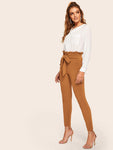 Frill Trim Bow Tie Waist Solid Pants