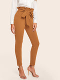 Frill Trim Bow Tie Waist Solid Pants