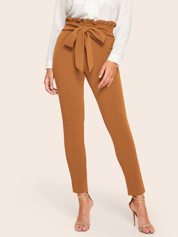 Frill Trim Bow Tie Waist Solid Pants