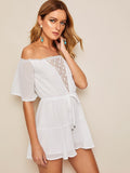 Off Shoulder Knot Contrast Lace Romper