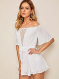 Off Shoulder Knot Contrast Lace Romper