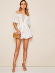 Off Shoulder Knot Contrast Lace Romper