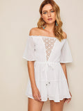 Off Shoulder Knot Contrast Lace Romper