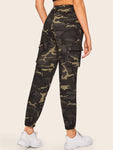 Pocket Patched Elastic Hem Camo Pants With Chain