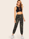 Pocket Patched Elastic Hem Camo Pants With Chain