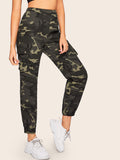 Pocket Patched Elastic Hem Camo Pants With Chain