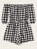 Drawstring Waist Gingham Romper