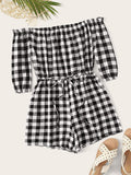 Drawstring Waist Gingham Romper