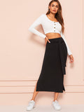 Tie Waist Split Side Solid Skirt