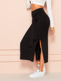 Tie Waist Split Side Solid Skirt