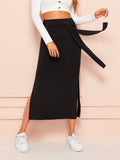 Tie Waist Split Side Solid Skirt