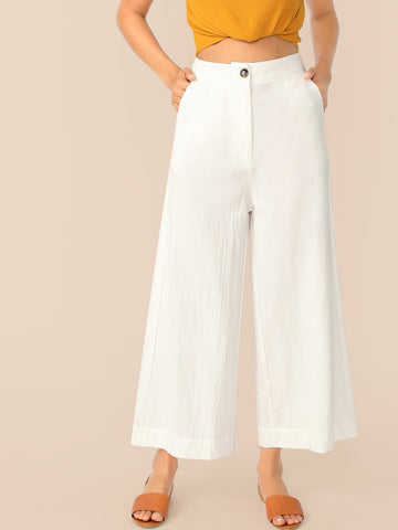 Button Front Wide Leg Crinkle Pants