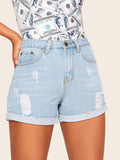 Ripped Rolled Hem Denim Shorts