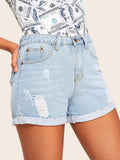 Ripped Rolled Hem Denim Shorts