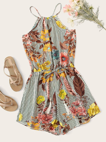 Floral Print Striped Halter Romper