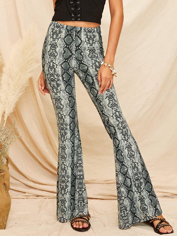 Snakeskin Print Flare Leg Pants