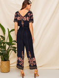 Double V Neck Floral Belted Jumpsuit