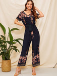 Double V Neck Floral Belted Jumpsuit