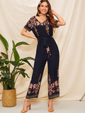 Double V Neck Floral Belted Jumpsuit