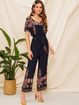 Double V Neck Floral Belted Jumpsuit