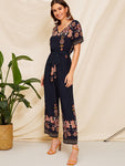 Double V Neck Floral Belted Jumpsuit