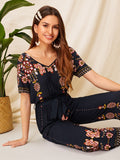 Double V Neck Floral Belted Jumpsuit