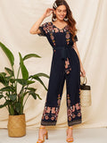 Double V Neck Floral Belted Jumpsuit