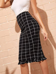 Split Back Ruffle Hem Grid Skirt