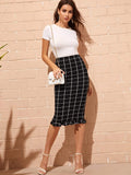 Split Back Ruffle Hem Grid Skirt