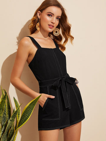 Pocket Patched Belted Contrast Stitch Romper