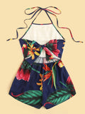 Guipure Lace Panel Bow Tie Back Floral Halter Romper
