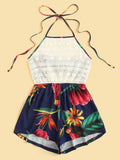 Guipure Lace Panel Bow Tie Back Floral Halter Romper