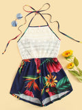 Guipure Lace Panel Bow Tie Back Floral Halter Romper