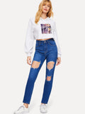 Contrast Stitch Ripped Jeans