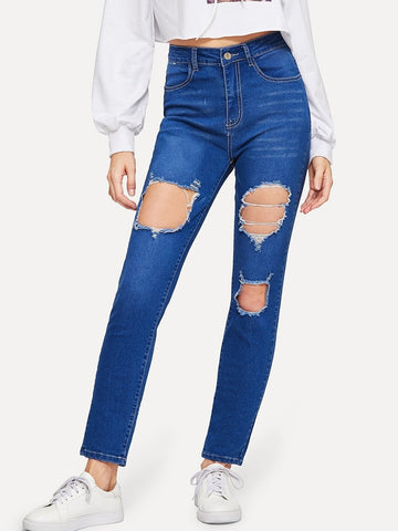 Contrast Stitch Ripped Jeans