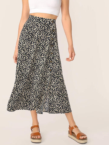 Ditsy Floral Print Button Front Skirt