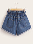 Elastic Waist Rolled Hem Denim Shorts